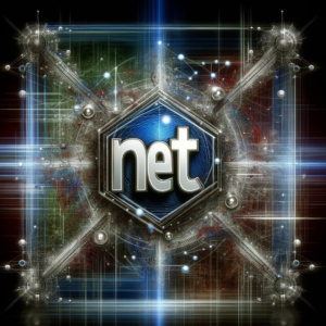 Logotipo futurista '.net' con circuitos y luces.