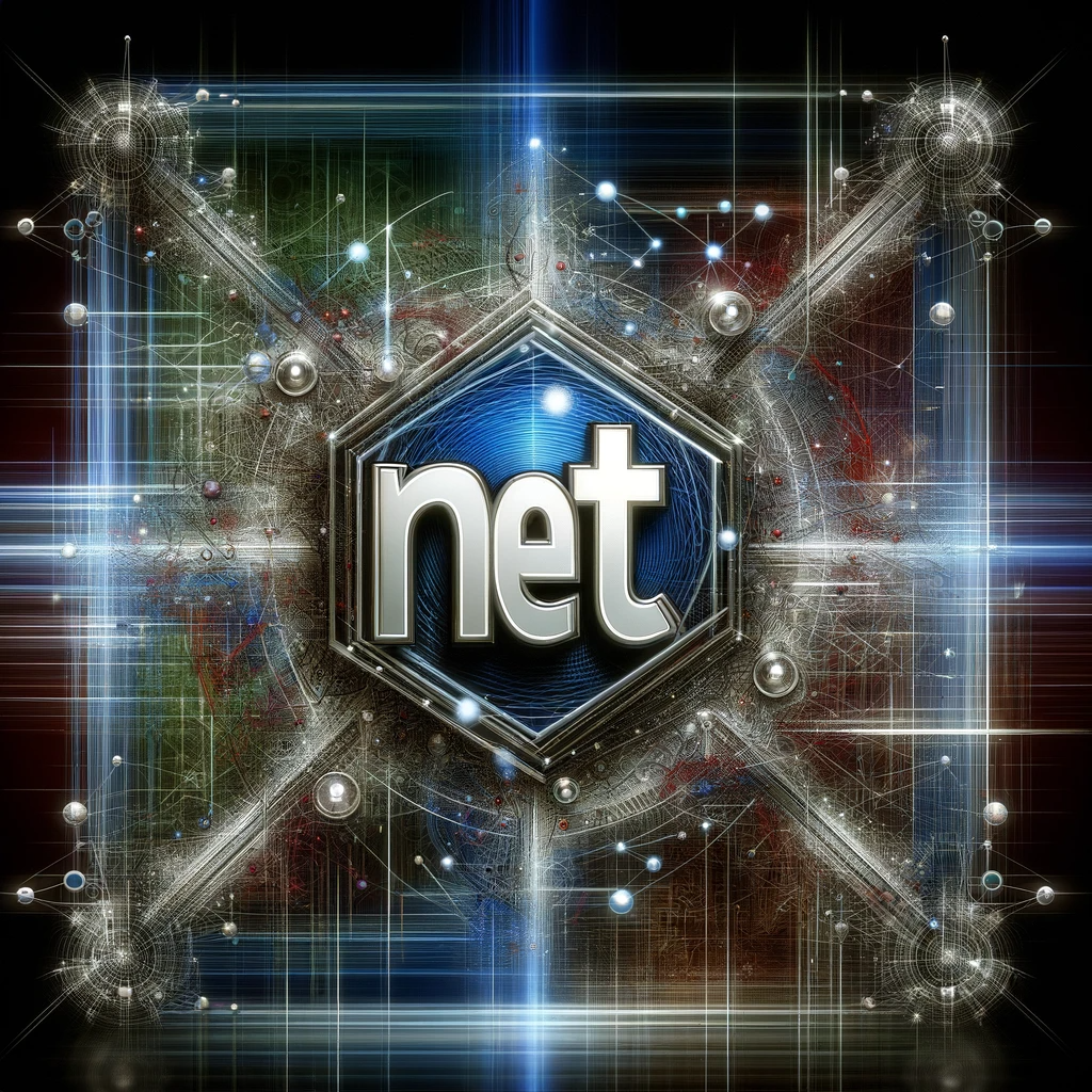 Logo '.net' futuriste avec des circuits et des lumières.