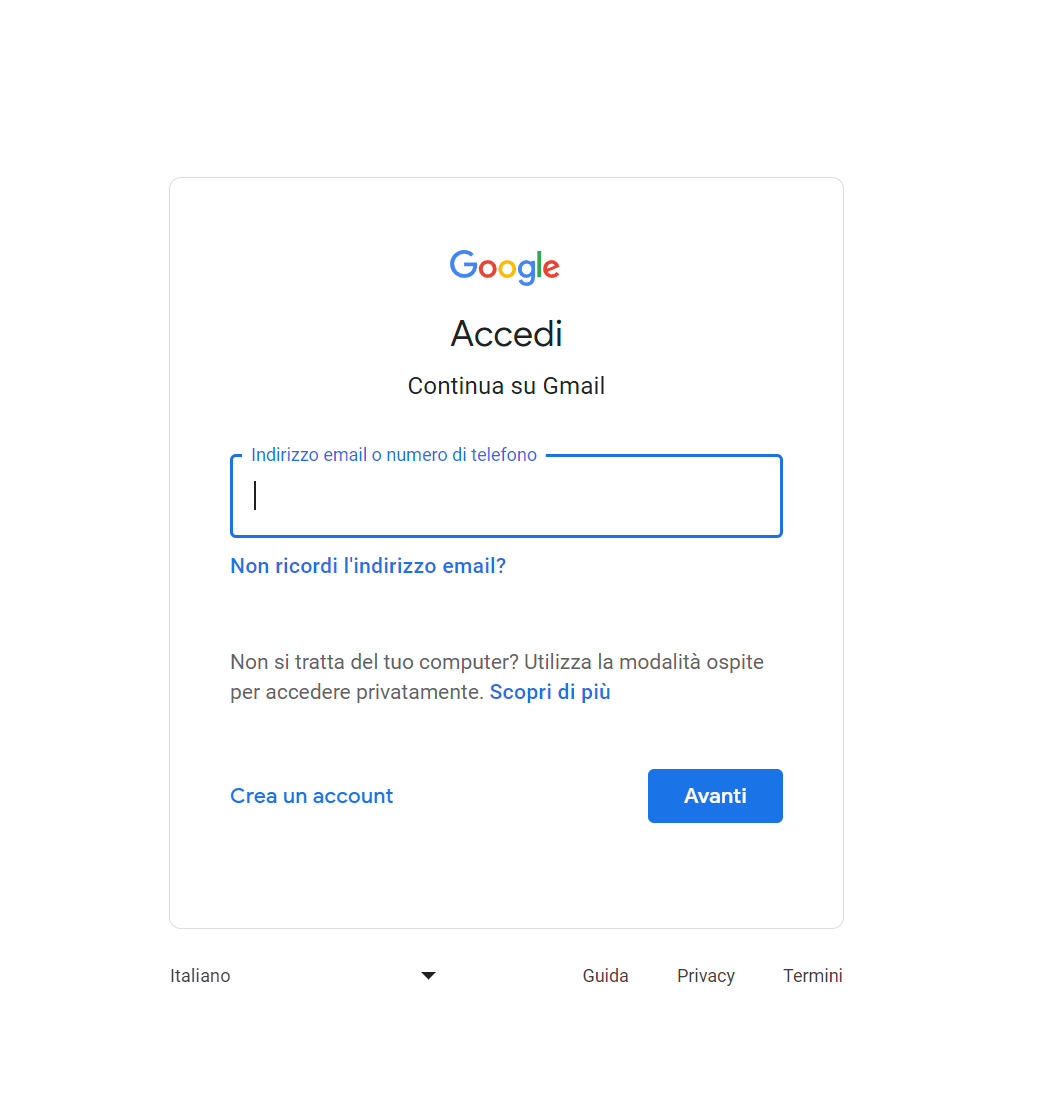 Schermata di accesso Google Gmail.