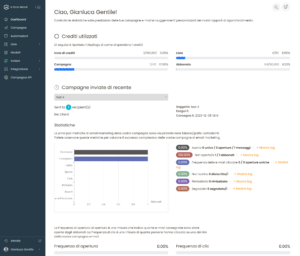 Schermata piattaforma e-mail marketing con statistiche campagna.