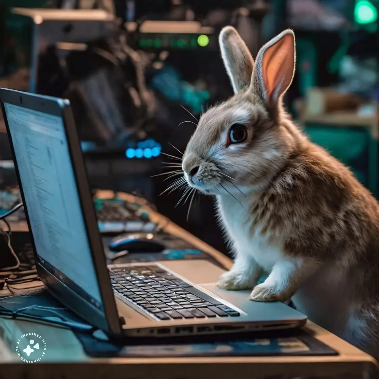 Coniglio marrone accanto a laptop in una stanza tecnologica.