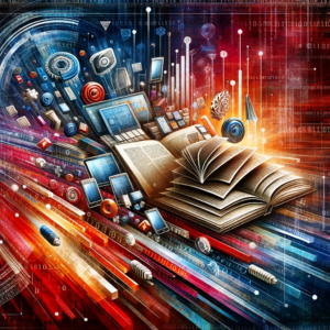 Ilustración digital de tecnología y libros.