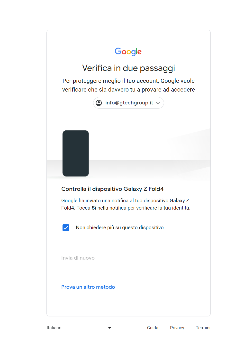 Schermata Google di verifica in due passaggi.