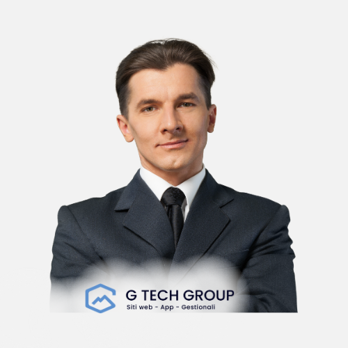 Mann im formellen Anzug mit dem Logo der G Tech Group.