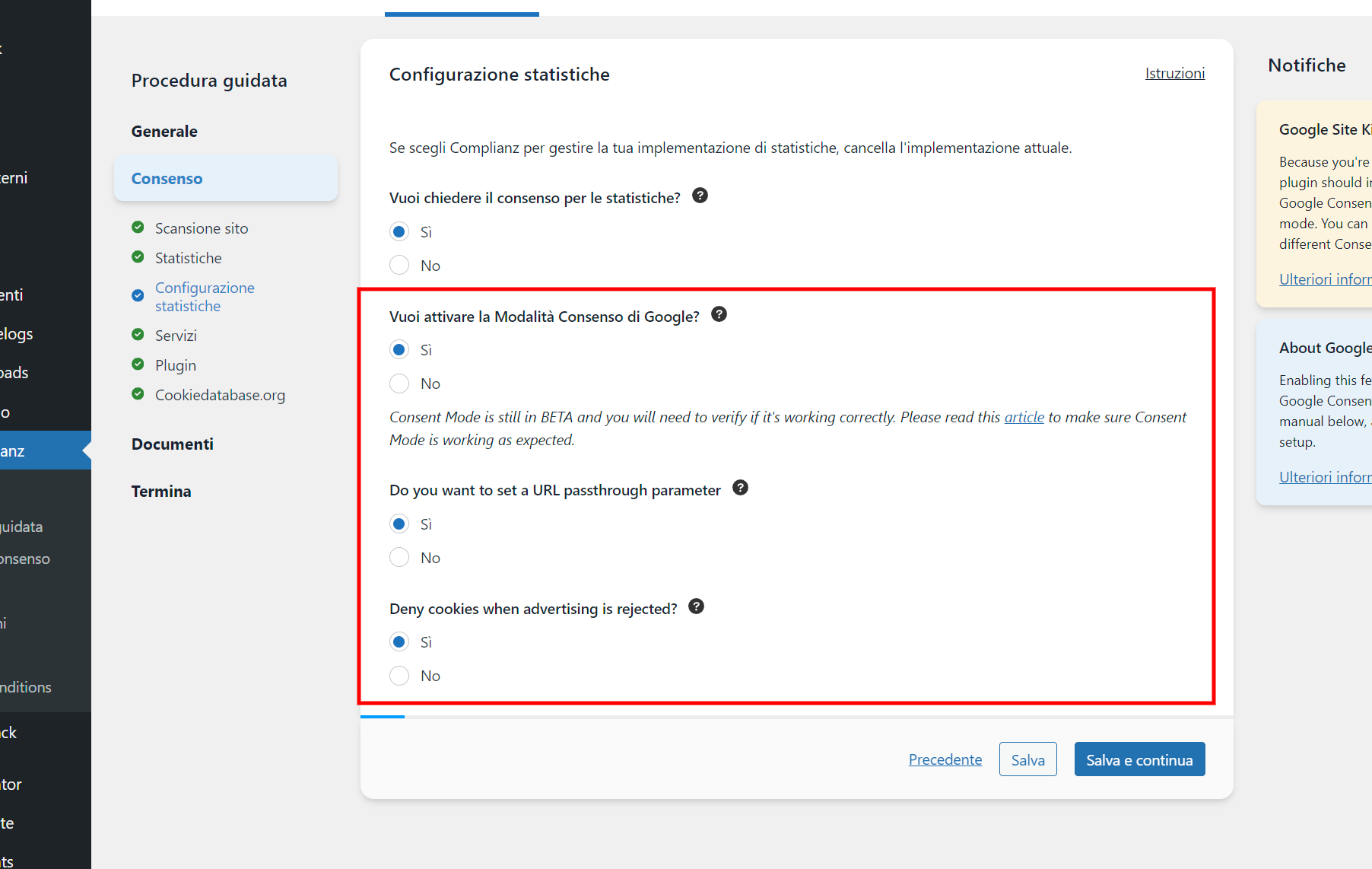 Interfaz de configuración de consentimiento de cookies.