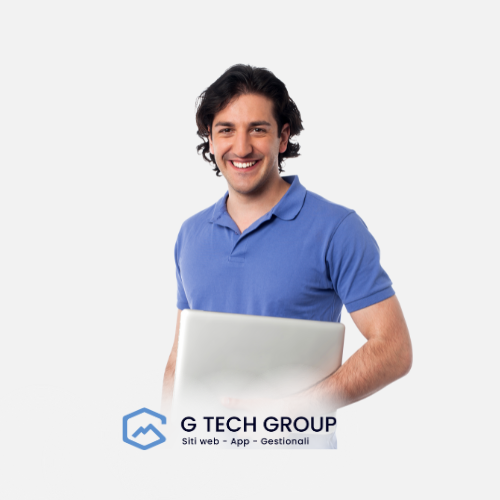 Lächelnder Mann mit Laptop und 'G TECH GROUP'-Logo.