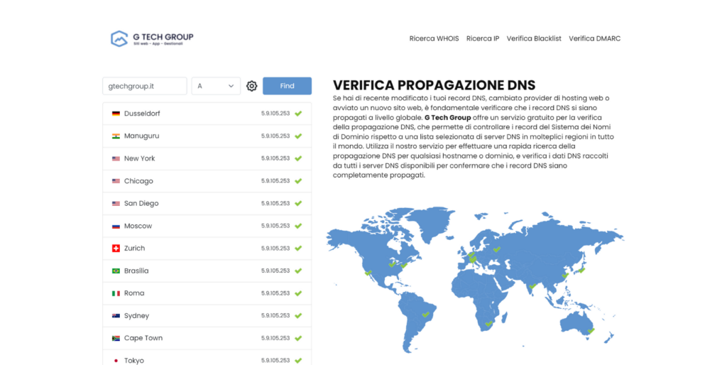 Schermata verifica propagazione DNS globale.