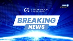 Blauer 'Breaking News'-Banner mit dem Logo der G Tech Group.