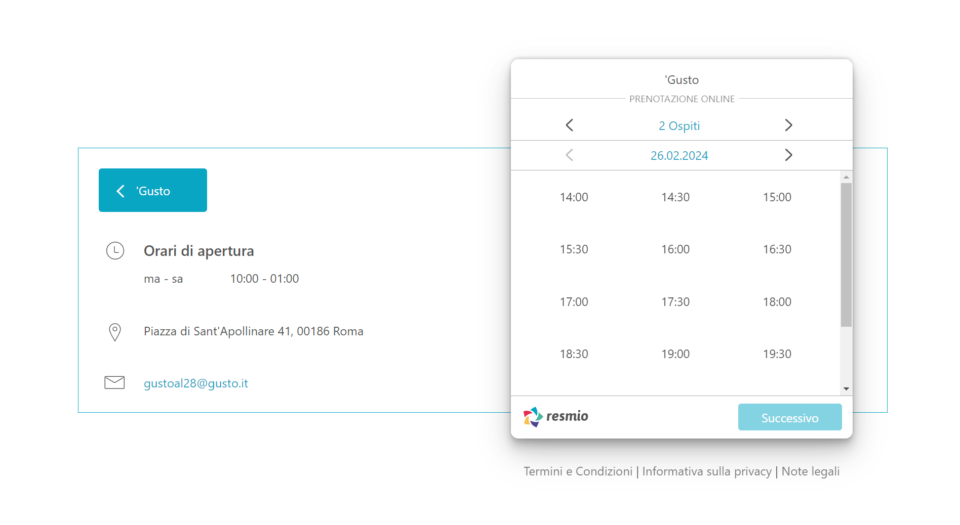 Restaurant reservation screen 'Gusto', Rome.