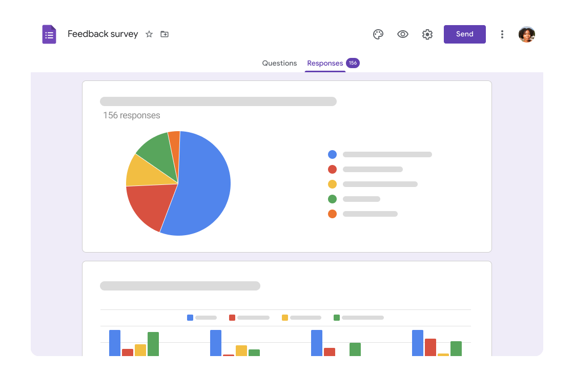 Enquête de satisfaction avec diagramme circulaire et barres.