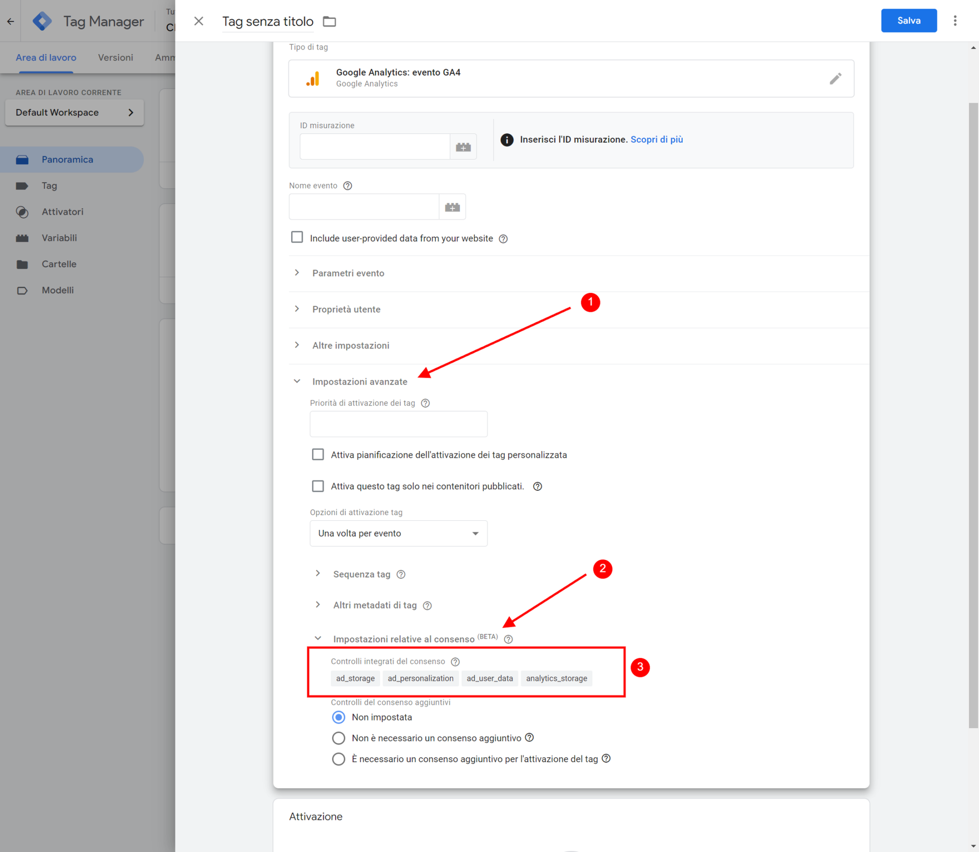 Interfaccia Google Tag Manager con impostazioni avanzate.