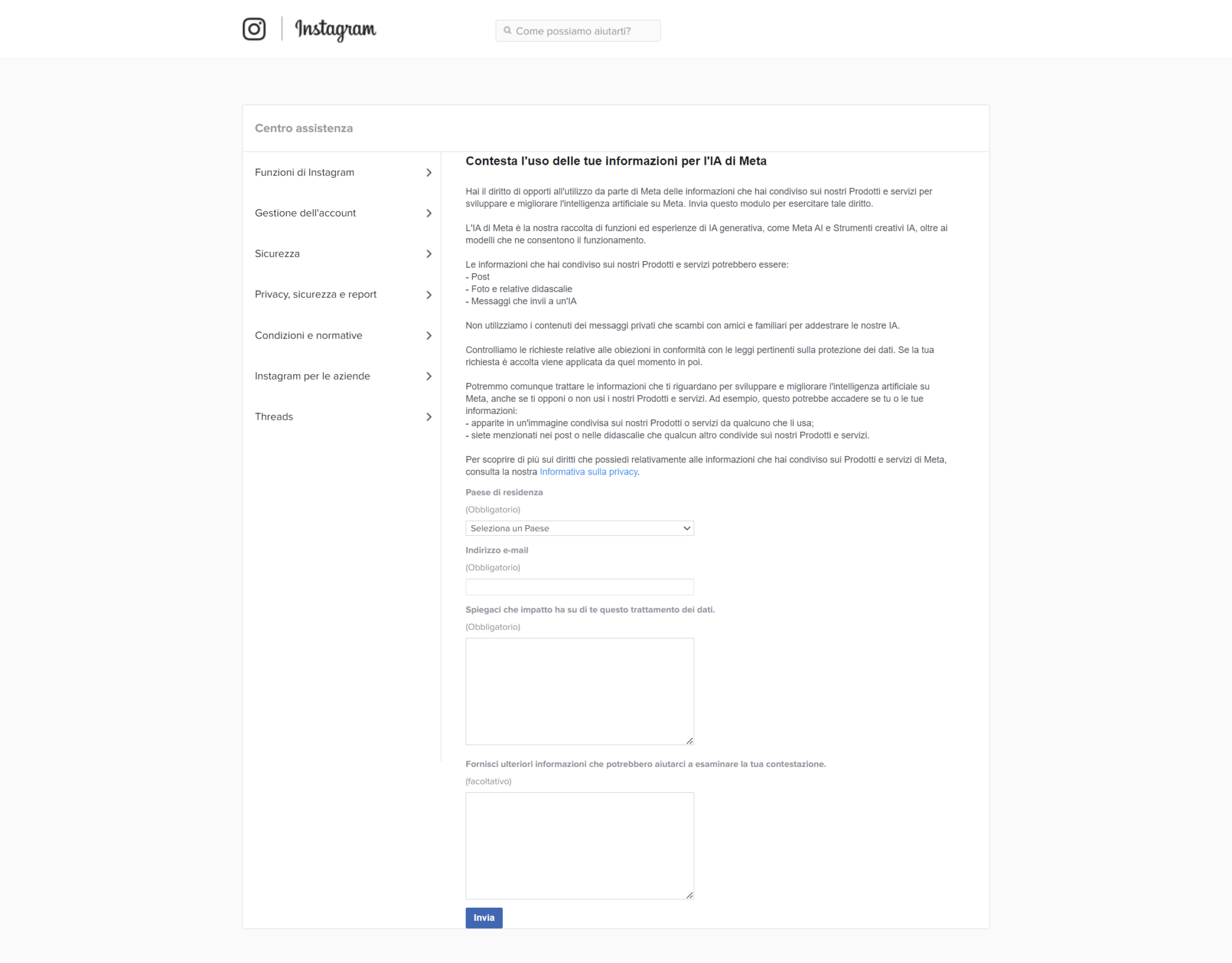 pagina per bloccare l'apprendimento di meta ai su instagram